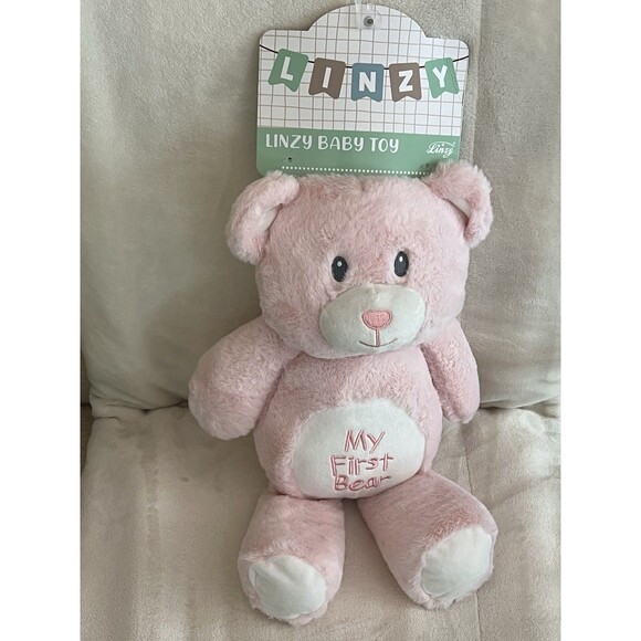 Linzy Baby Pink My First Bear Rattle Plush Toy Embroidered Stuffed Animal 15” - Picture 2 of 13